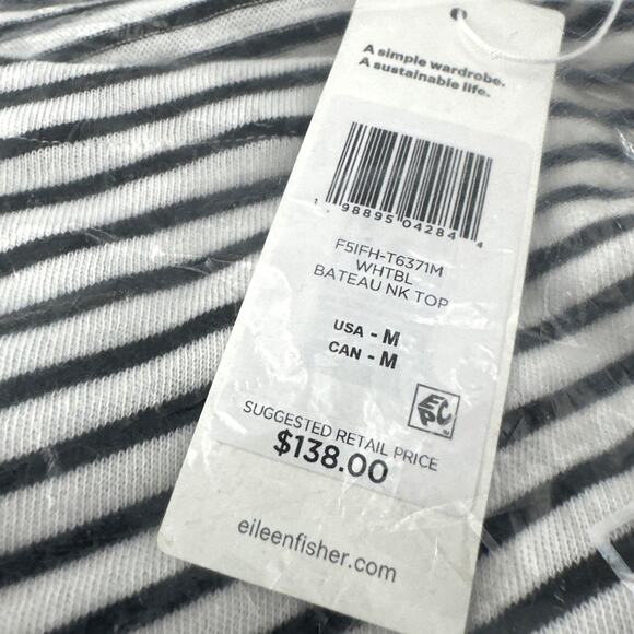 Eileen Fisher Women's Black White Striped Cotton Slub Bateau Neck Top Size M - Picture 4 of 11